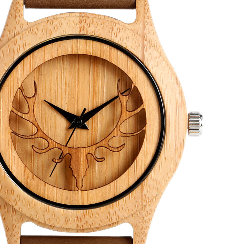Hot Fashion Elk Deer Head Bamboo Watches Men Women Genuine Leather Strap Sport Casual Nature Wood Creative Male Female Clock