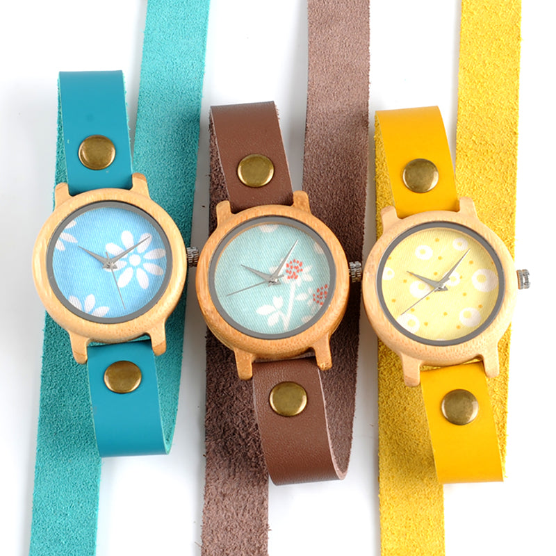 BOBO BIRD Bamboo Watches for Women New Fashion Created Reloje Mujer 2017 Colorful Long Leather Strap in Wood Box Bayan Saat