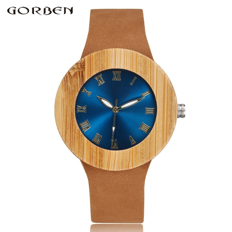 2017 GORBEN Brand Fashion Bamboo Ladies Wooden Watches For Women Luxury Royal Blue Green Shining Dial Leather Top Womens Watches