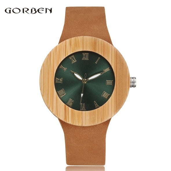 2017 GORBEN Brand Fashion Bamboo Ladies Wooden Watches For Women Luxury Royal Blue Green Shining Dial Leather Top Womens Watches