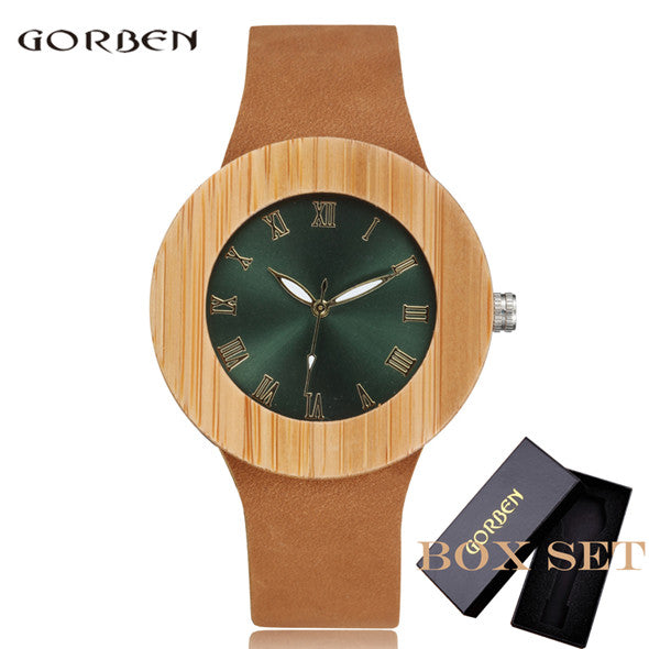 2017 GORBEN Brand Fashion Bamboo Ladies Wooden Watches For Women Luxury Royal Blue Green Shining Dial Leather Top Womens Watches