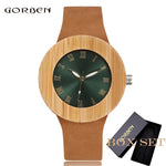 2017 GORBEN Brand Fashion Bamboo Ladies Wooden Watches For Women Luxury Royal Blue Green Shining Dial Leather Top Womens Watches