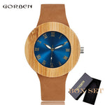 2017 GORBEN Brand Fashion Bamboo Ladies Wooden Watches For Women Luxury Royal Blue Green Shining Dial Leather Top Womens Watches