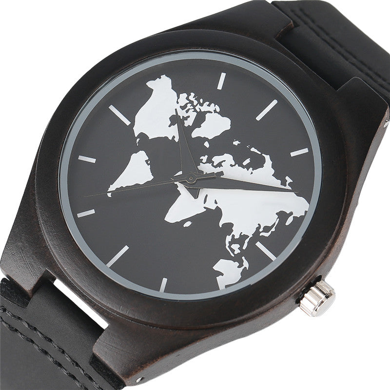 World Map Wooden Watch Men and Women Genuine Leather Band Dark Bamboo Quartz Wathes Man's Fashion Male Gifts relogio masculino