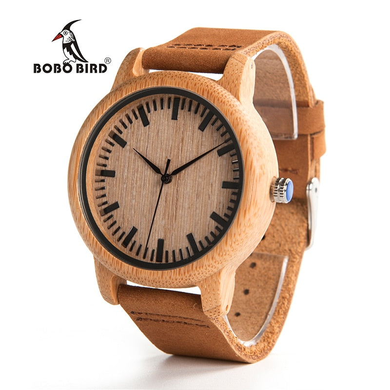 BOBO BIRD V-A16 Fashion Men Wooden Quartz Watch High Quality Bamboo Wristwatch with Brown Leather Band Erkek Kol Saati
