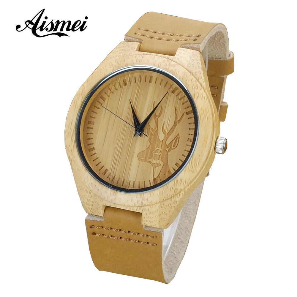 Hot sale Fashion Elk Deer Bamboo Watches Men Women Genuine Leather Strap Casual Nature Wood watch Creative Male Female Clock