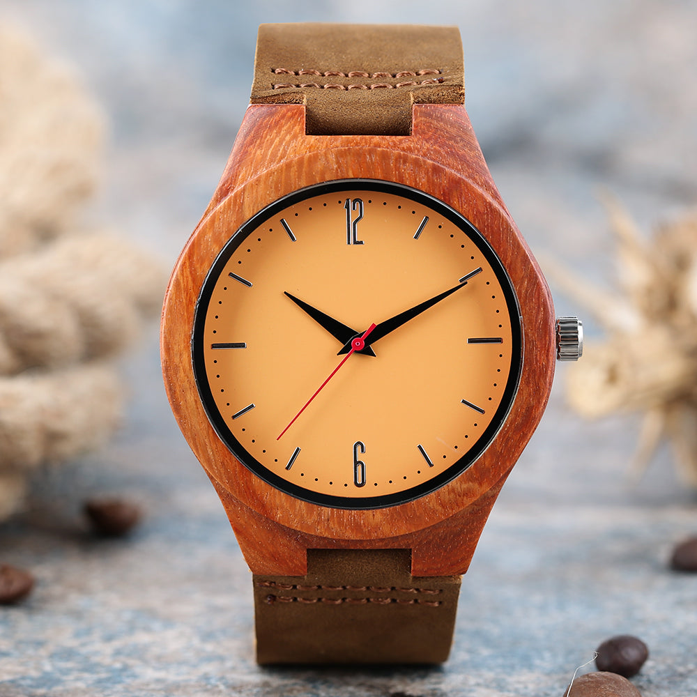 Natural Sandalwood Watch Creative Novel Bamboo Wood Clock Fashion Men Women Sport Quartz Wristwatch Analog Genuine Leather Gifts