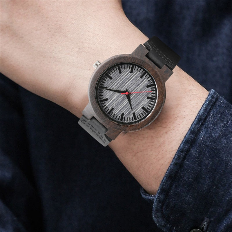 2018 New Arrival Nature Ebony Wood Watches Bamboo Quartz Wrist Watch Fashion Casual Genuine Leather Band Strap Watches for Men
