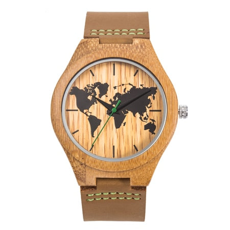 Mens UWOOD Luxury Quartz Watch Casual Bamboo Wood Watch World Map Compass Casual Fashion Wood Bamboo Watch