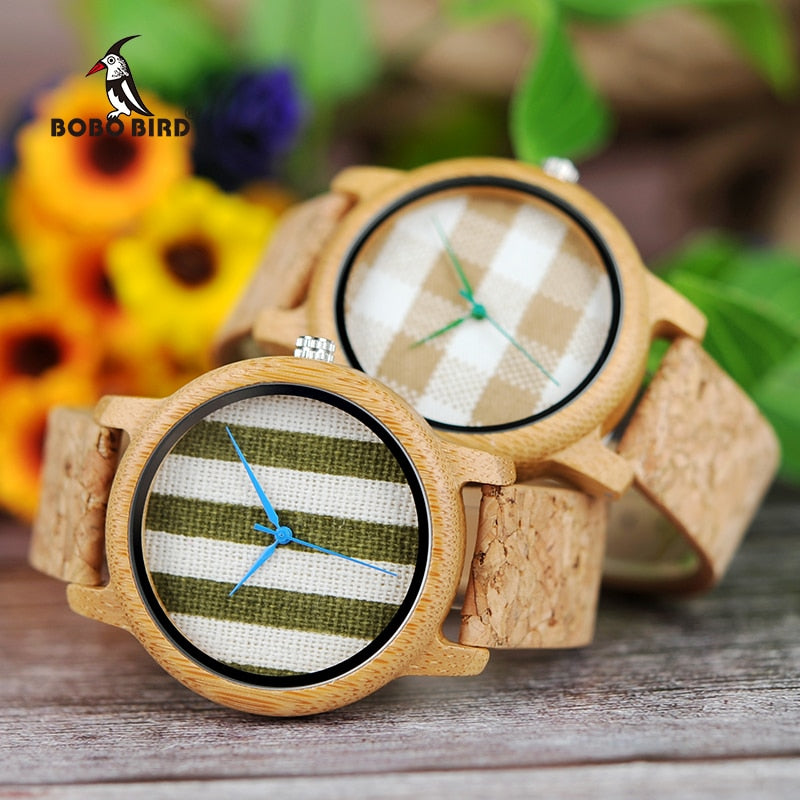 BOBO BIRD Cloth Dialplate Bamboo Wood Watch for Men Leather Strap Japan Quartz Wood Watches Women as Fashion Accessories