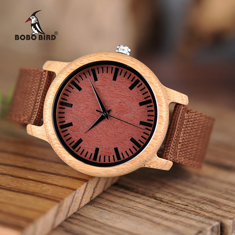 BOBO BIRD L-D09 Fashion Bamboo Wood Watches Red Nylon Straps Wooden Dial Face Watch for Women Men in Gift Boxes