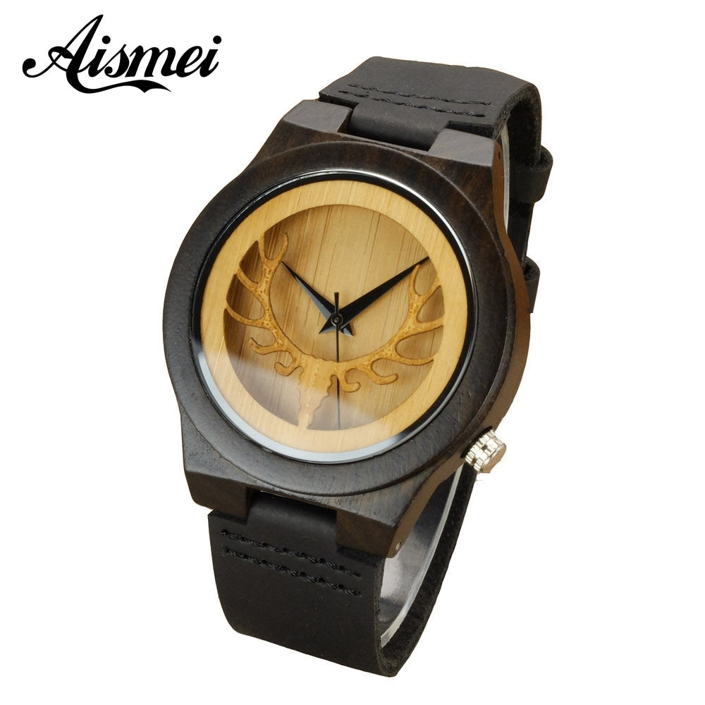 2018 Deer Head Hollow Design Men Women's Bamboo Wooden Watches Luxury Fashion Wood Quartz Watch With Black Genuine Leather Strap