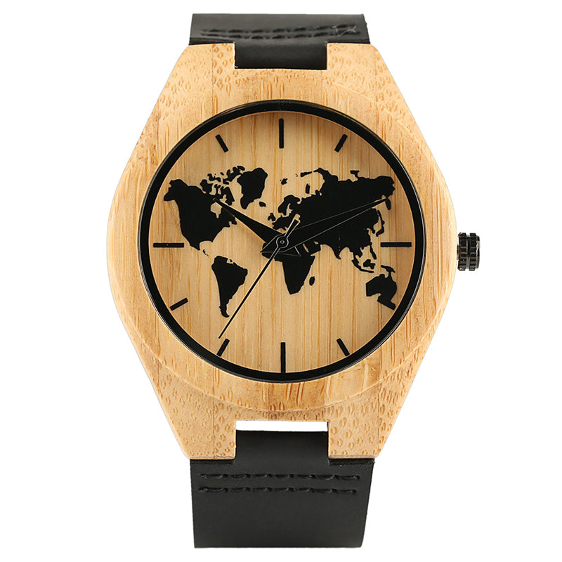 Black Ink World Map Dial Watch Natural Bamboo Wood Watch Fashion Casual Leather Men Quartz Analog Round Wristwatches Clock Male