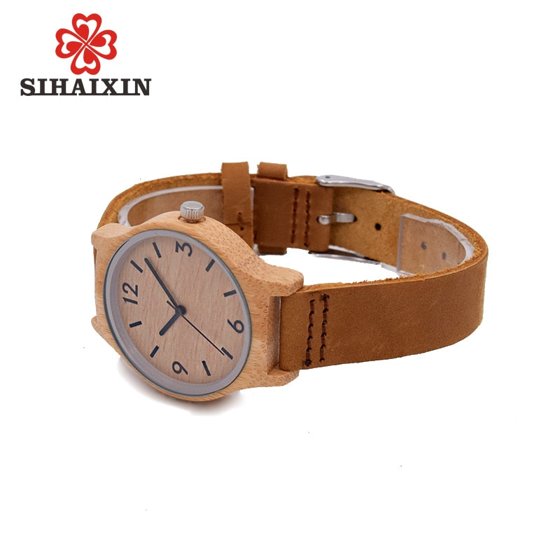 SIHAIXIN bamboo wood ladies watches brown leather quartz womens fashion watch top luxury brand clock women gift relogio feminino