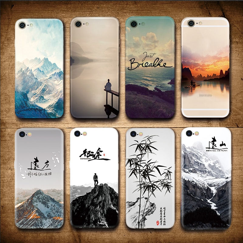 Landscape Scenery Case For Iphone 7 8 6 6S Plus Mountains Bamboo Sea Deer Cat Nature View Hard Back Case Cover For Iphone7 7plus