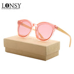 LONSY BAMBOO WOOD Brand Design Round Pink Sunglasses Women Men Fashion Sunglasses UV400 Protection Lenses Free Shipping LS5033