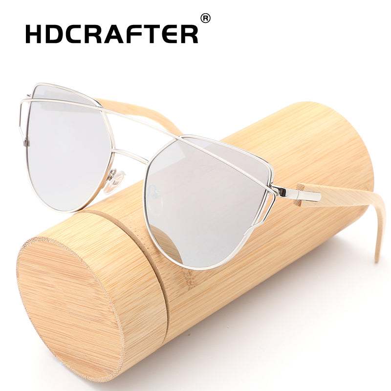 HDCRAFTER bamboo sunglasses women cat eye glasses alloy wooden frame  fashion Mirror Sunglasses Women Brand Designer uv400