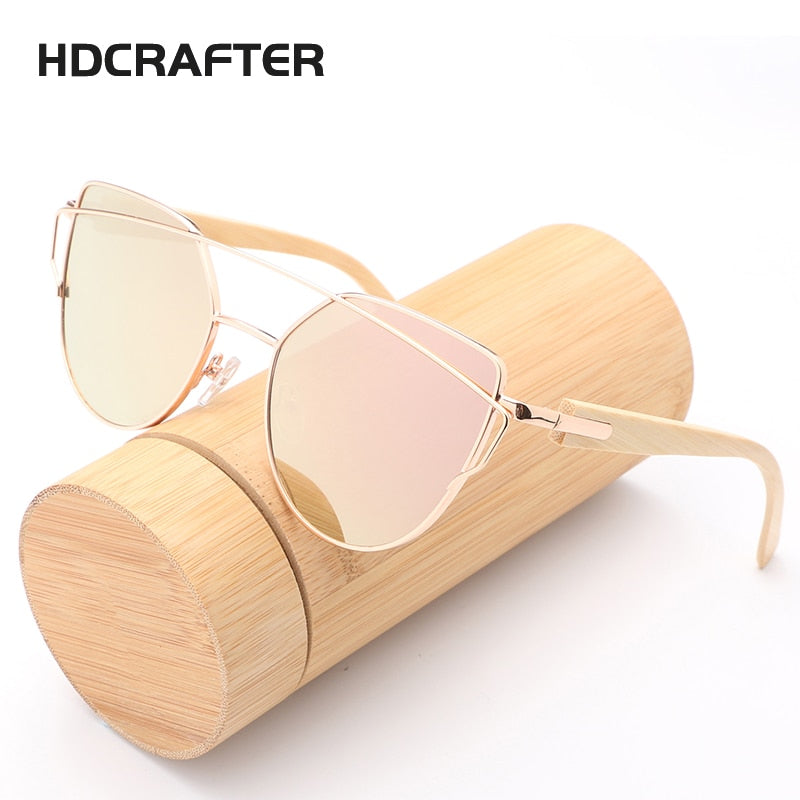 HDCRAFTER Cat Eye sunglasses women wood Bamboo ladies Sunglasses Fashion Mirror Sun glasses for Women Brand Designer female