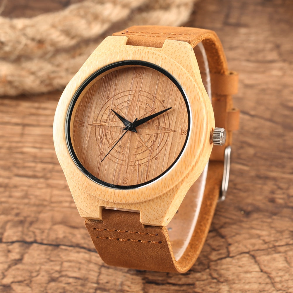 Bamboo Watch Mens Handmade Wooden Wristwatch Quartz Genuine Leather Wood Watch for Men Unique Fashion Wrist Clock Gifts reloj