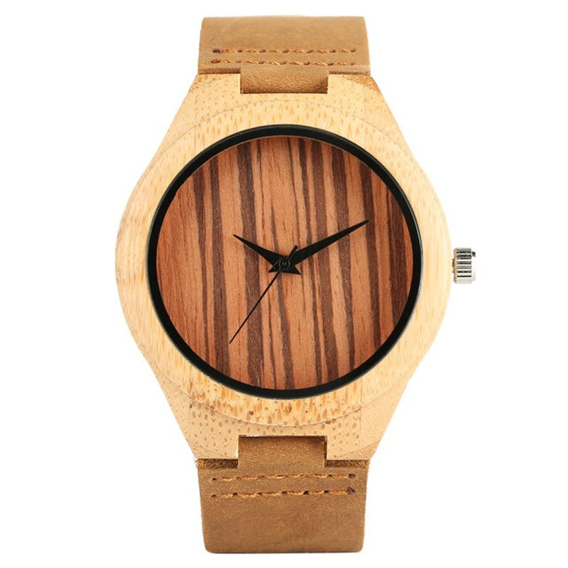 Men's Bamboo Quartz Wristwatch Handmade Leather Strap Bamboo Men Women Watch Casual Bamboo Wristwatch Yellow Color Fashion Gifts