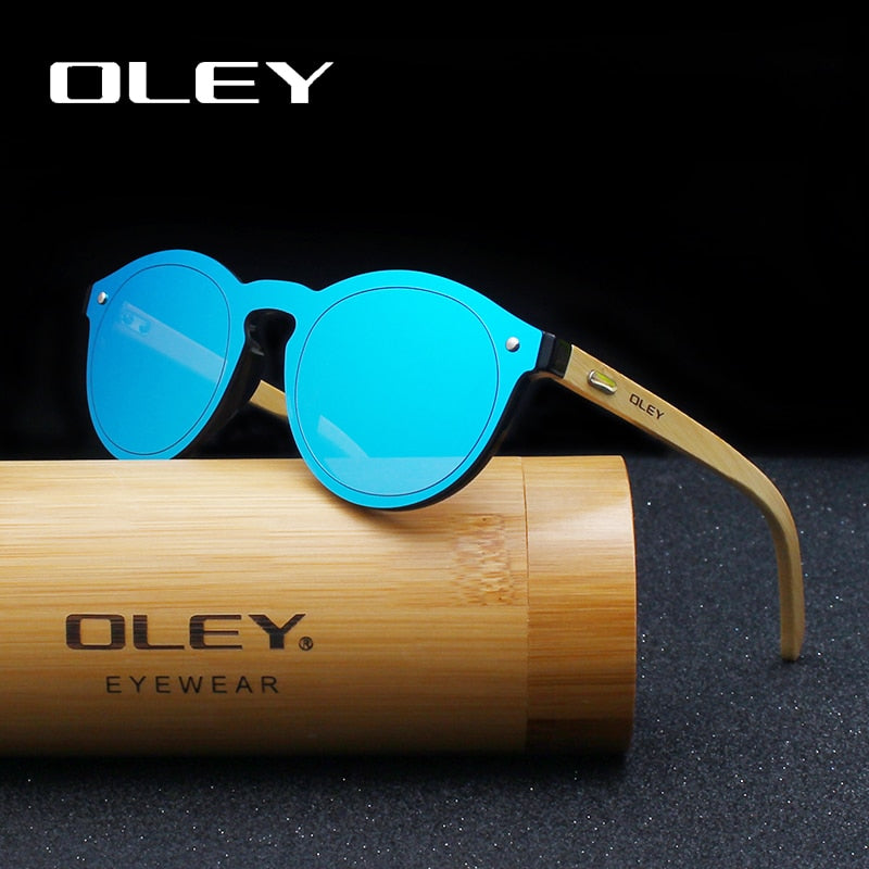 OLEY  Brand Bamboo Leg HD Color Film Sunglasses Women Classic Round Overall Flat Lens Fashion Retro Female sun glasses Z0479