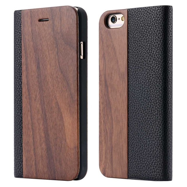 KISSCASE Wood Case For iPhone 8 7 6S Plus Cases Genuine Bamboo Flip Leather Wallet Stand Coque For iPhone 6 6s XS Max X 10 Case