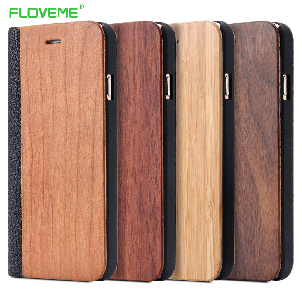 FLOVEME Case For iPhone 6 6S 7 X Plus XS Max XR XS Bamboo Natural Wood Case For iPhone 6 6S Plus 7 8 Plus Flip Leather Wallet