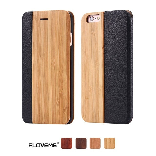 FLOVEME Case For iPhone 6 6S 7 X Plus XS Max XR XS Bamboo Natural Wood Case For iPhone 6 6S Plus 7 8 Plus Flip Leather Wallet