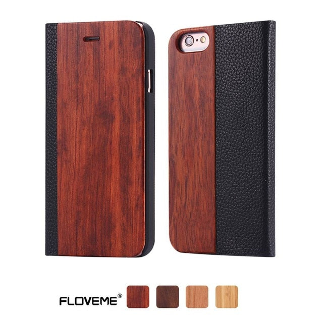 FLOVEME Case For iPhone 6 6S 7 X Plus XS Max XR XS Bamboo Natural Wood Case For iPhone 6 6S Plus 7 8 Plus Flip Leather Wallet