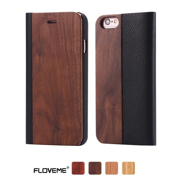 FLOVEME Case For iPhone 6 6S 7 X Plus XS Max XR XS Bamboo Natural Wood Case For iPhone 6 6S Plus 7 8 Plus Flip Leather Wallet