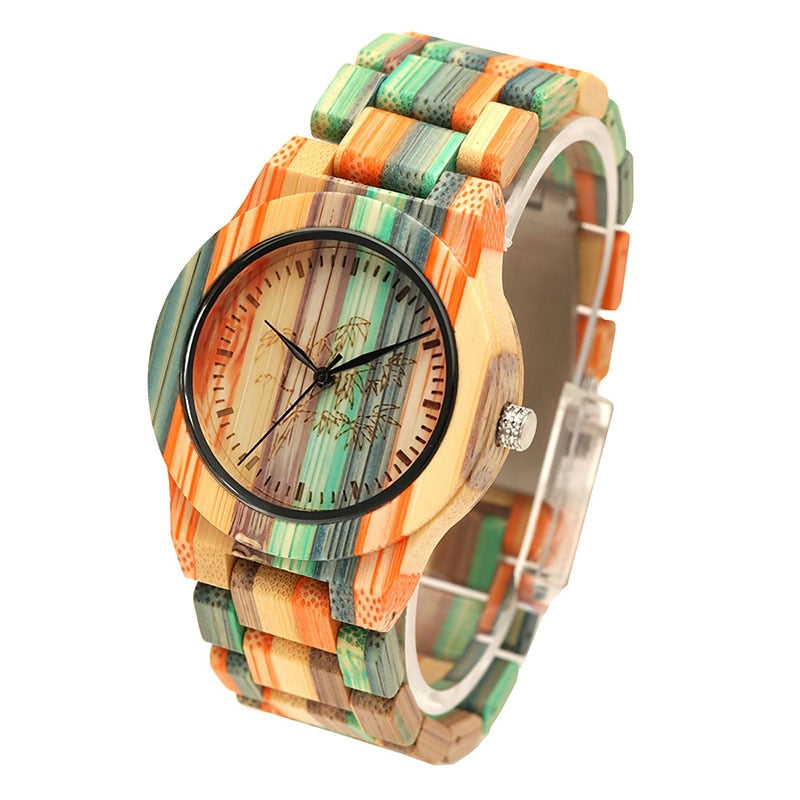 1 Pcs Women Lady Wrist Quartz Watch Wooden Bamboo Strap Round Bamboo Dial Colorful Fashion Gift LL@17
