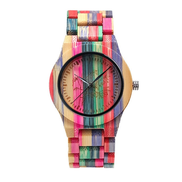 1 Pcs Women Lady Wrist Quartz Watch Wooden Bamboo Strap Round Bamboo Dial Colorful Fashion Gift LL@17