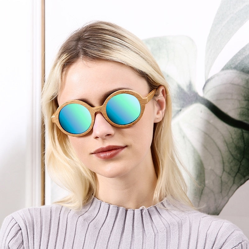 Angcen Fashion Bamboo Sunglasses Women Vintage Design Round Sunglasses Polarized Ladies Luxury glasses with wood bamboo case