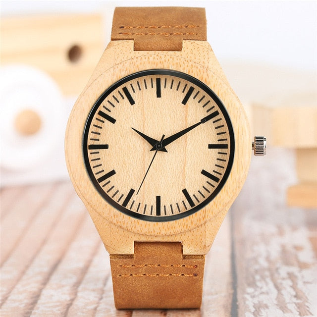 Bamboo Watch Mens Handmade Wooden Wristwatch Quartz Genuine Leather Wood Watch for Men Unique Fashion Wrist Clock Gifts reloj