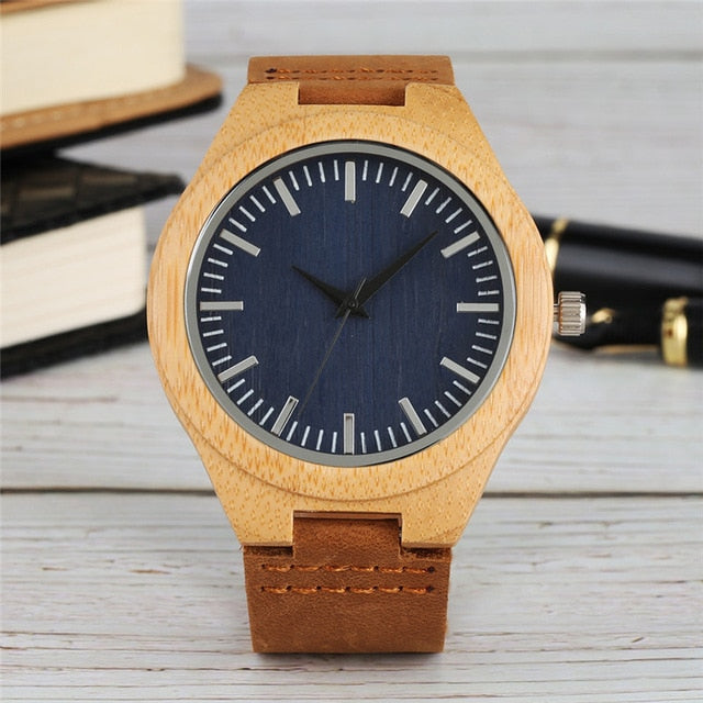 Fashion Mens Wood Watch Quartz Handmade Bamboo Quartz Wristwatches Minimalist Wooden Men's Clock with Genuine Leather Watchbands