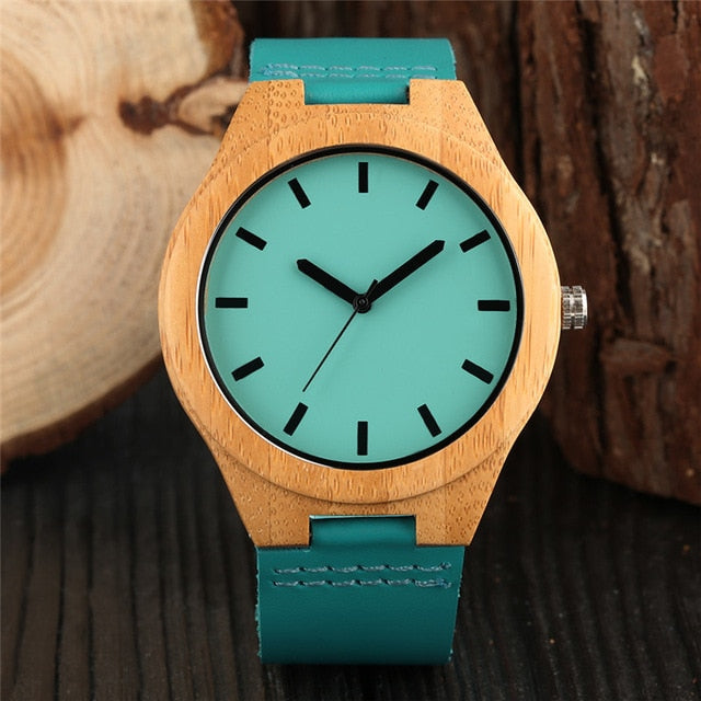 Fashion Mens Wood Watch Quartz Handmade Bamboo Quartz Wristwatches Minimalist Wooden Men's Clock with Genuine Leather Watchbands