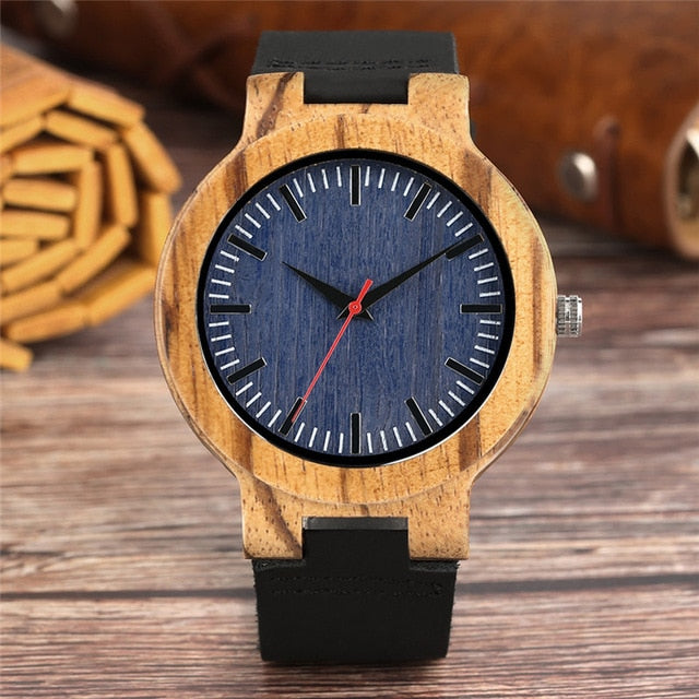 Fashion Mens Wood Watch Quartz Handmade Bamboo Quartz Wristwatches Minimalist Wooden Men's Clock with Genuine Leather Watchbands