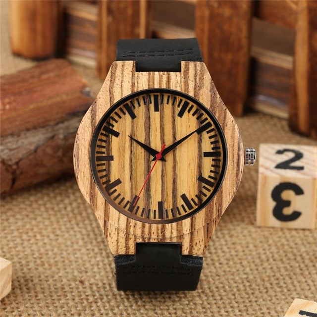 Fashion Mens Wood Watch Quartz Handmade Bamboo Quartz Wristwatches Minimalist Wooden Men's Clock with Genuine Leather Watchbands