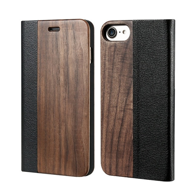 KISSCASE Bamboo Flip Phone Case For iPhone 5s 7 6 6s Wood Protector Cover For iPhone 5s 7 Plus X XR XS Max Card Wallet Covers