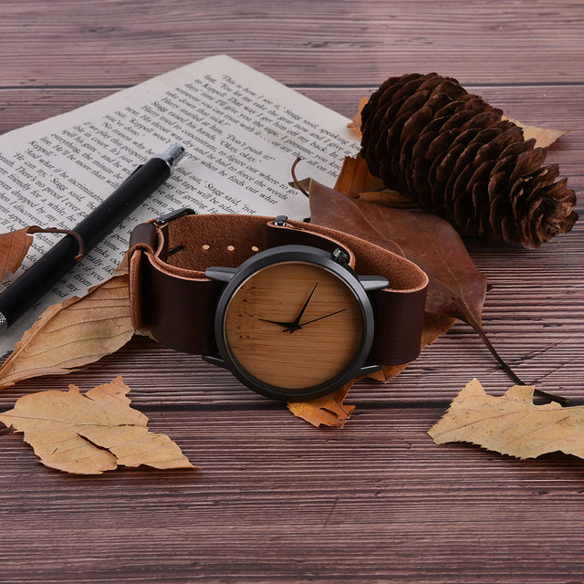 Wooden Watches Quartz Watch Men Bamboo Modern Wristwatch Analog Nature Wood Fashion Soft Leather Creative Birthday Gifts