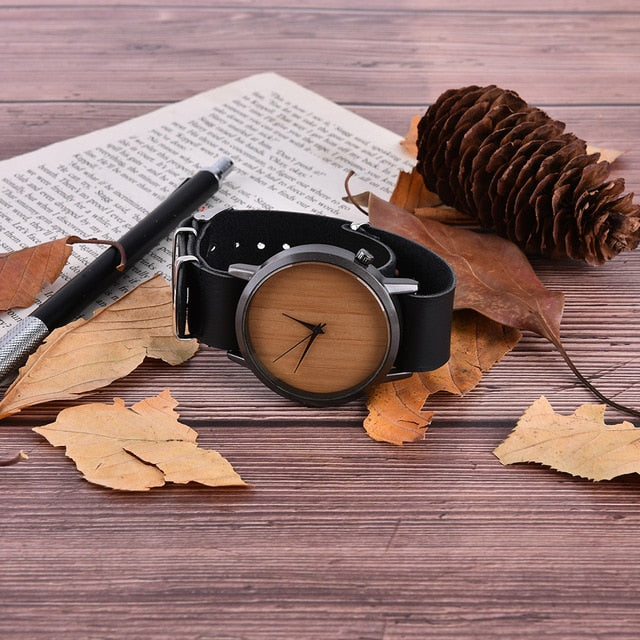 Wooden Watches Quartz Watch Men Bamboo Modern Wristwatch Analog Nature Wood Fashion Soft Leather Creative Birthday Gifts
